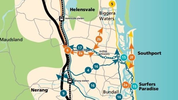 Orange arrows show light rail project proposed for the Southport Spit in the city's Transport Strategy 2031.