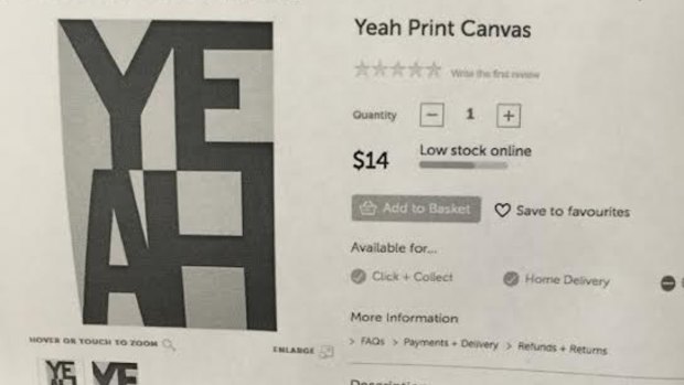A photocopy of the Target website advertising its Yeah print canvas