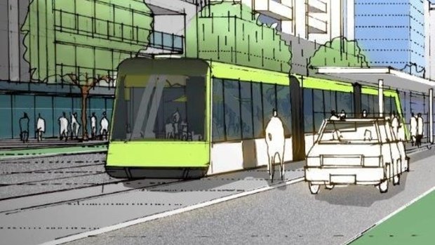 An artist's impression of Callam Street in Woden with light rail.