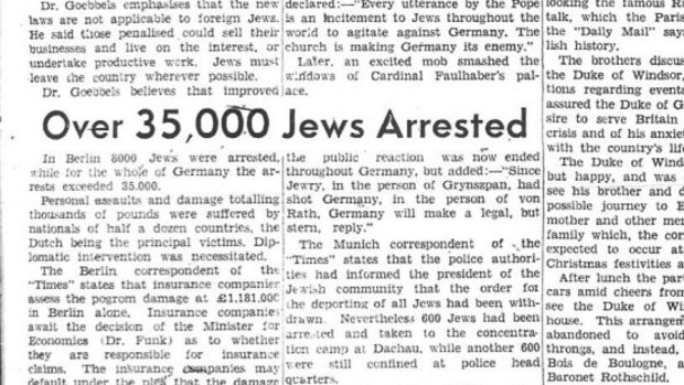 Kristallnacht in the pages of The Age in 1938.