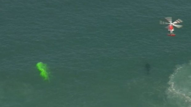 Dye is thrown into the water to help identify the currents in the search for missing swimmer at Turimetta Beach, Warriewood. 
