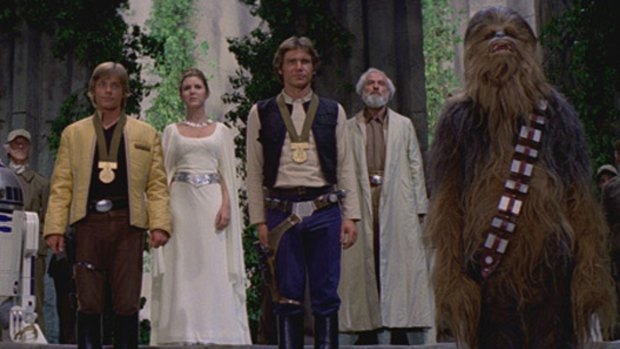 Chewbacca, right, in the triumphant conclusion of the film.