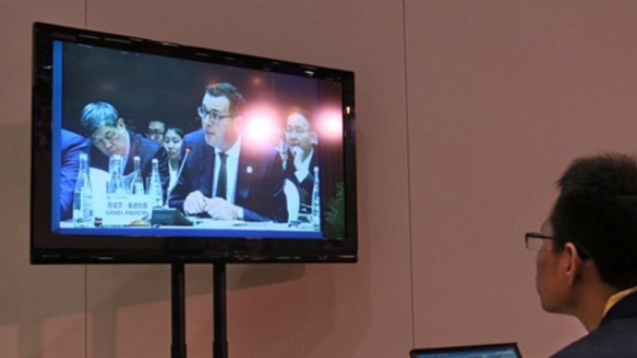 Victorian Premier Daniel Andrews gives a speech at one of the sessions of the Belt and Road Forum on Sunday.