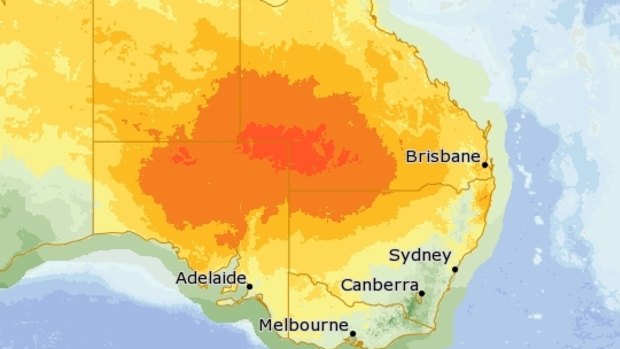 Hot temperatures are expected with this map showing the hot air mass moving across Queensland towards the coast on Monday.