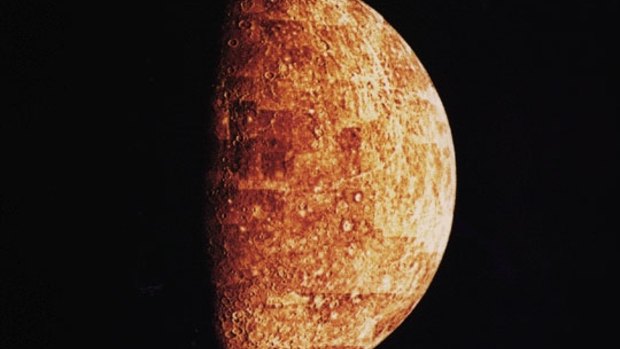 The planet Mercury, from a photo composite taken by the probe Mariner 10 in March, 1974.
