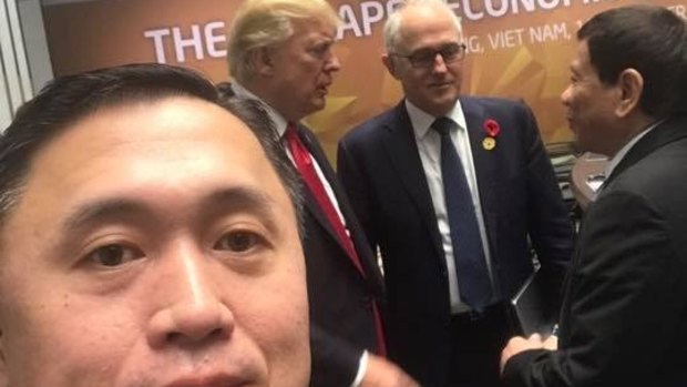 Christopher Lawrence Go, special assistant to Philippine President Rodrigo Duterte, snaps a revealing selfie with Donald Trump, Malcolm Turnbull and Duterte during the ASEAN conference.