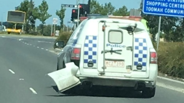 Photo of a damaged Victoria Police divisional van seen in the area.