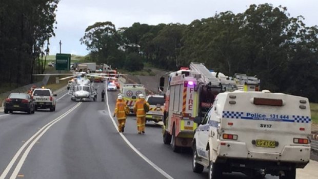 Emergency services at the scene of the fatal crash on the Princes Highway on April 4.