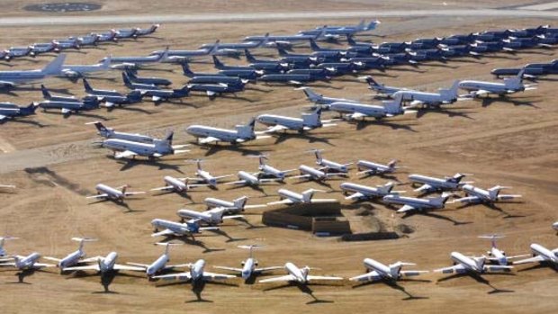 Commercial airliners sit in southern California.