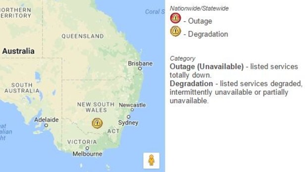 A screenshot from the iPrimus website showing a system-wide internet outage in the ACT.