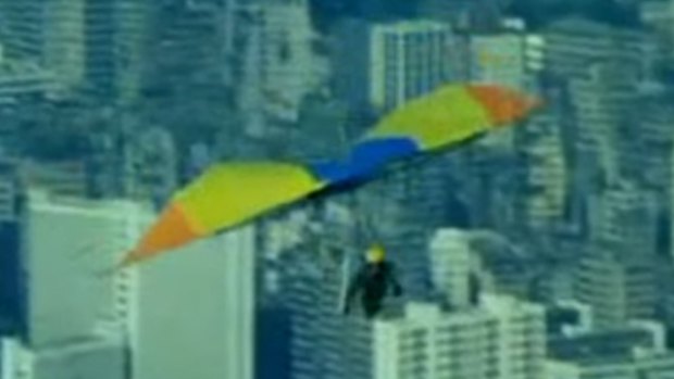 Grant Page flies a hang-glider over Hong Kong for <i>The Man From Hong Kong</i>.