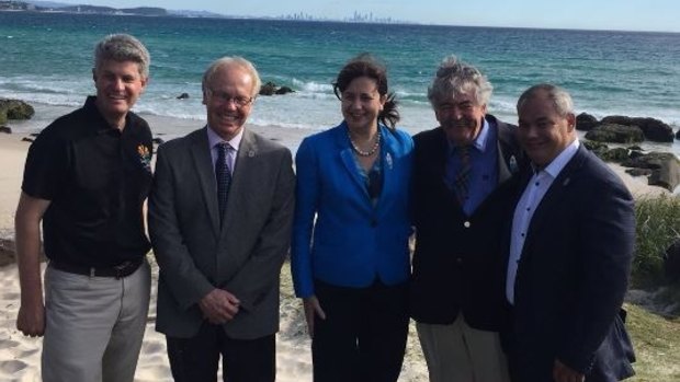 Peter Beattie, former Queensland premier with Games minister Stirling Hinchliffe, Premier Annastacia Palaszczuk, former Gold Coast Bulletin editor Bob Gordon and Gold Coast mayor Tom Tate