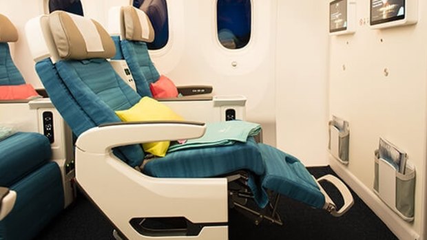 There are 32 seats in the pastel-coloured premium economy cabin decked out in turquoise tones inspired  by the colours of a French Polynesian lagoon. 