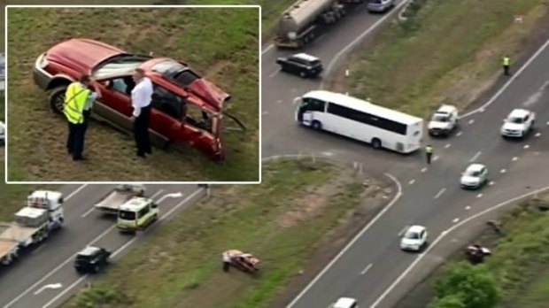 A station wagon was split in half after crashing into a school bus in Toowoomba.