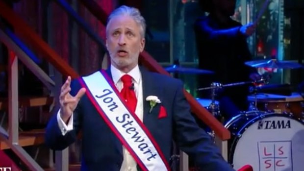 Jon Stewart urging the audience to vote (against Trump).