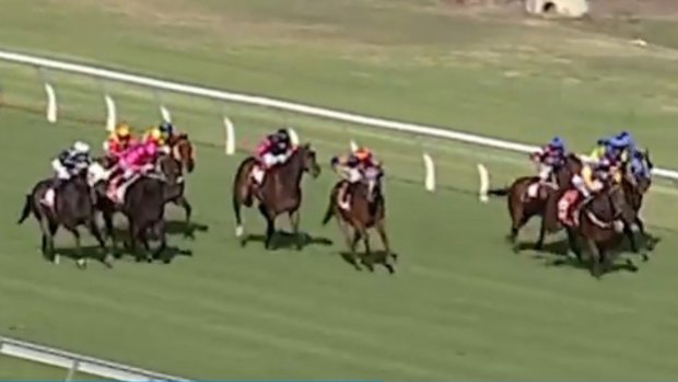 The incident (left of image) for which jockey Josh Cartwright got into strife. 