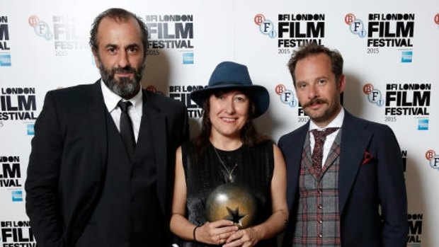 Panos Koronis, Athina Rachel Tsangari and Giorgos Pyrpassopoulos after <i>Chevalier</i> was named best film at the 2015 BFI London Film Festival Awards.