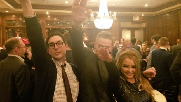 Former reality star Tila Tequila, right, giving a Nazi salute at the alt-right conference in Washington DC on Saturday.