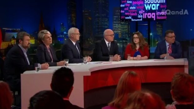 Derryn Hinch, Tanya Plibersek, George brandis, Van Badham and Steve Price on the Q&A panel.