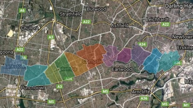 A map of the proposed areas for redevelopment under the Sydenham to Bankstown corridor strategy, which Labor says it will scrap if elected in 2019.