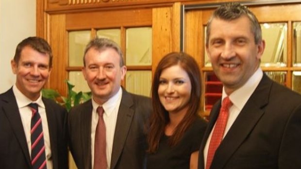 Mike Baird, left, with former Liberal supporter John Preston, former Liberal candidate for Sydney Patrice Pandeleos, and former Liberal candidate for lord mayor Edward Mandla. Mandla drove the business voting changes. 