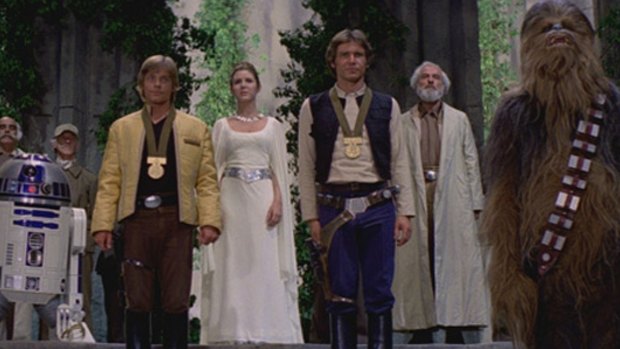 Chewbacca, right, in the triumphant conclusion of the film.