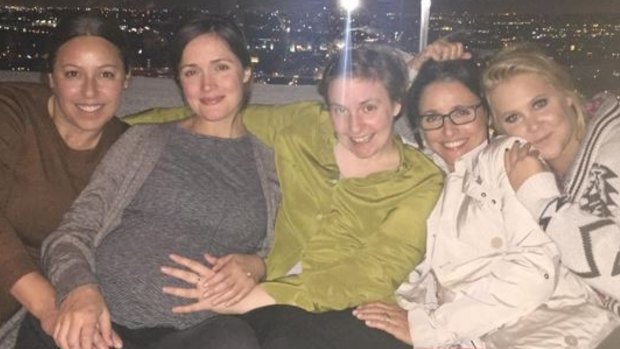 Reports that Rose Byrne (second from left) was expecting a baby surfaced late last month when she was photographed wearing loose clothing over a swollen belly.