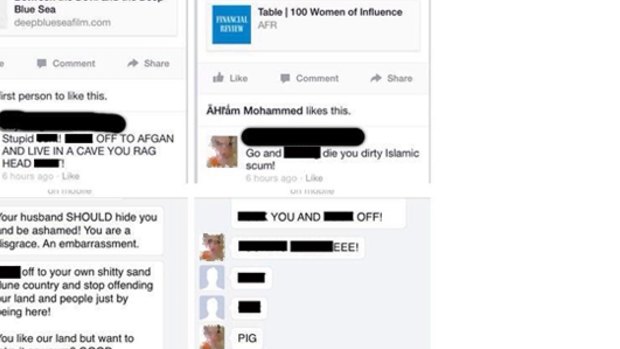 The posts allegedly made by a 22-year-old Ipswich woman on Mariam Veiszadeh's Facebook page.