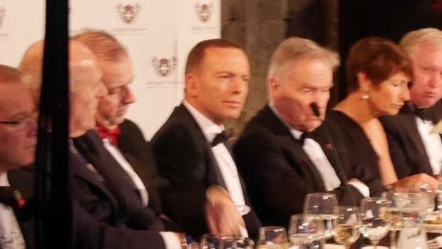 Tony Abbott, fifth from left, with his wife Margaret, second from right, at the Margaret Thatcher lecture in Britain.