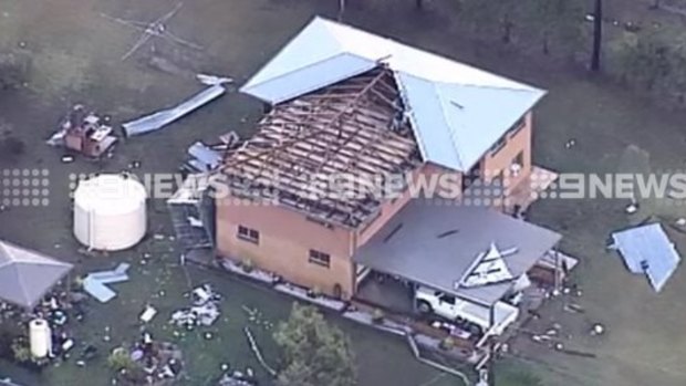 Aerial shot of a property at Fernvale after a savage storm hit the region on Tuesday.
