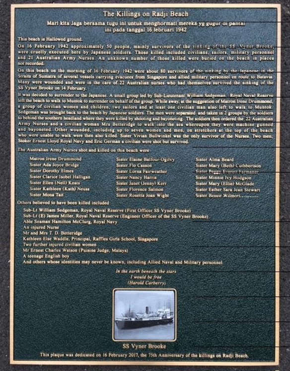The plaque commemorating the Bangka Island Massacre.