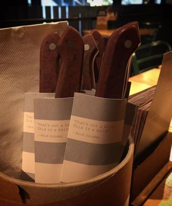 The offending cutlery sleeve bearing a version of the Mick Dundee quote. 