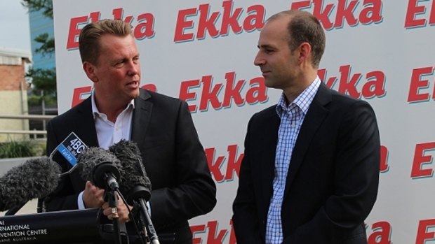 Transport Minister Scott Emerson and RNA chief executive Brendan Christou announce public transport fares to the 2014 Ekka.
