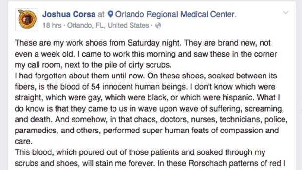 Dr Corsa's Facebook post about the Orlando shooting.