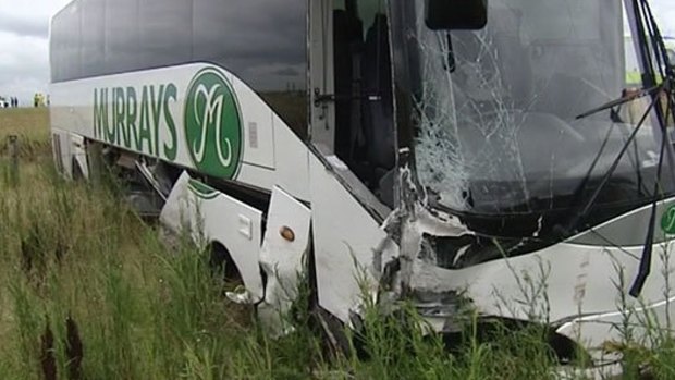 The bus at the scene of the fatal crash on the Warrego Highway
