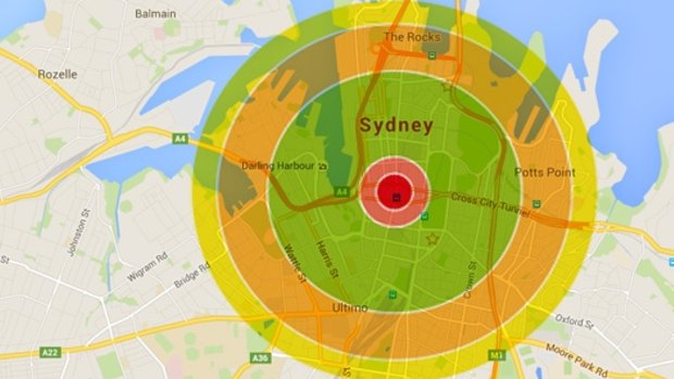 A representation of the Hiroshima Bomb damage if it fell on the Sydney CBD.