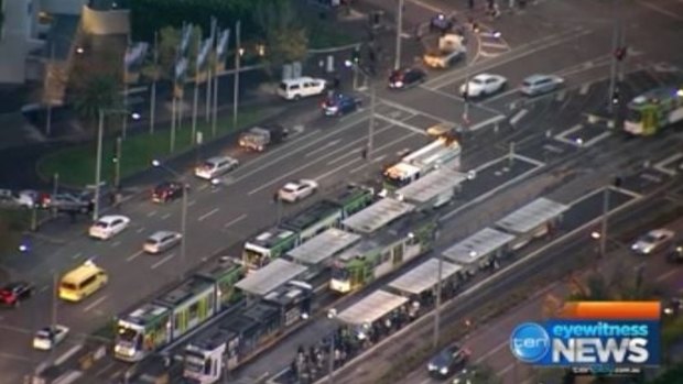 Trams stopped at the Domain Interchange on St Kilda Road on Wednesday night.