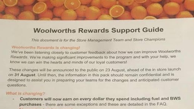 A leaked copy of a Woolworths Rewards Support Guide sent to store managers.