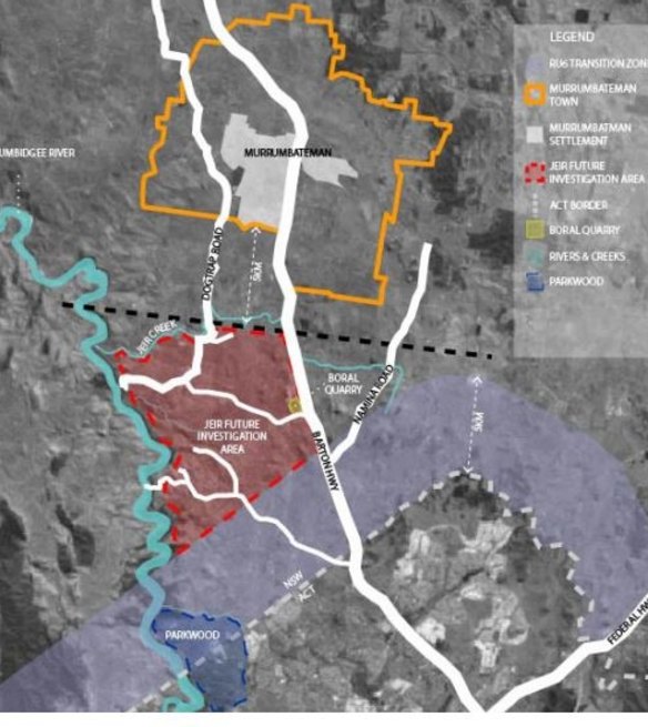 The Yass council's 5km buffer zone north of the ACT's border, in purple, with the exemption carved out for Ginninderry at bottom left. The proposed "Jeir" development area in red has been abandoned.