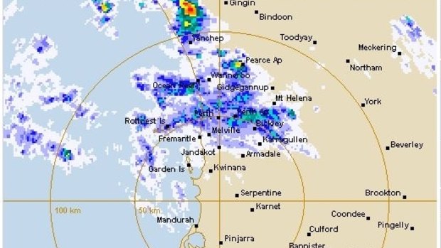 A radar image of the storm front over Perth.
