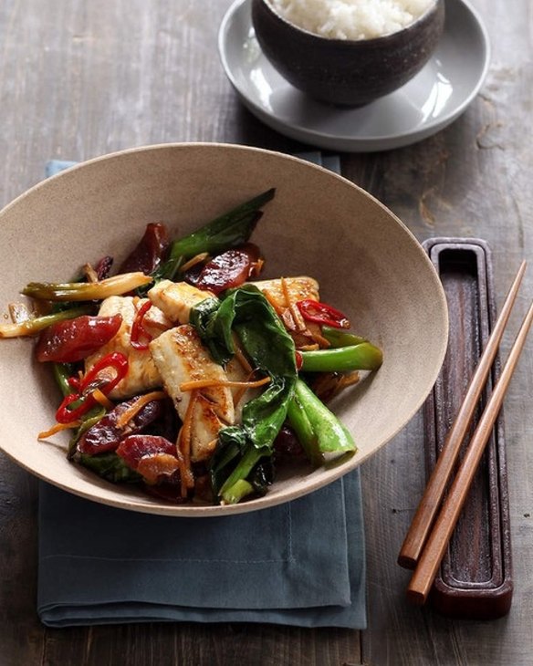 Wok-fried fish with Chinese sausage, chilli and ginger <a href="http://www.goodfood.com.au/good-food/cook/recipe/wokfried-fish-with-lap-cheong-chilli-and-ginger-20121123-29ulu.html?rand=1391055981458"><b>(recipe here)</b></a>.