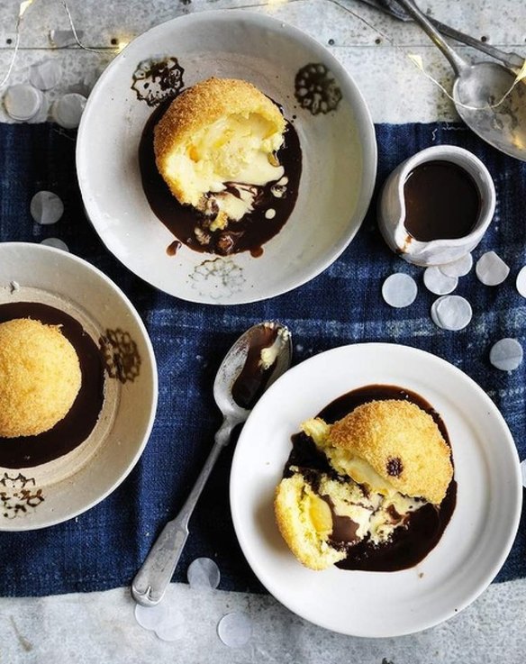 Orange marmalade fried ice-cream with chocolate sauce - Oranges are symbols of wealth and good luck around Chinese New Year. So there's no need to feel guilty about eating fried ice-cream if it's lucky, right? <a href="http://www.goodfood.com.au/good-food/cook/recipe/orange-marmalade-fried-icecream-20160202-49w2l.html"><b>(recipe here)</b></a>.