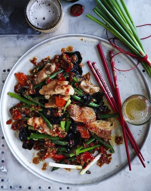 Chicken stir-fried in XO sauce <a href="http://www.goodfood.com.au/good-food/cook/recipe/chicken-stirfried-in-xo-sauce-20140707-3bh8i.html"><b>(recipe here)</b></a>.