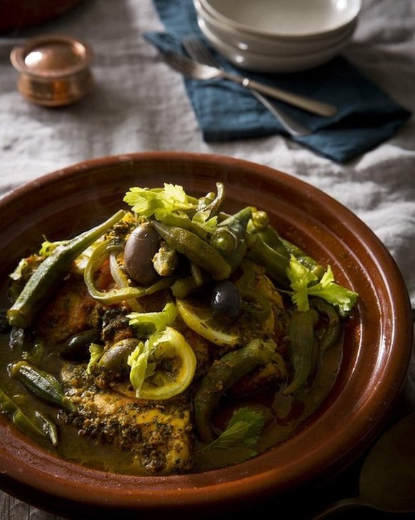 Karen Martini's blue-eye trevalla tagine with chermoula, olives and okra <a href="http://www.goodfood.com.au/good-food/cook/recipe/tagine-of-blueeye-trevalla-with-chermoula-olives-and-okra-20131029-2wd1f.html?rand=1394661878560"><b>(Recipe here).</b></a>