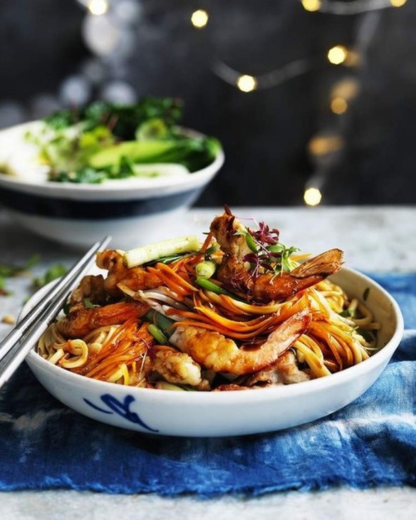 Dragon and phoenix longevity noodles - the two great mythical animals of Chinese legend are represented in this dish along with long noodles to ensure a long life <a href="http://www.goodfood.com.au/good-food/cook/recipe/dragon-and-phoenix-longevity-noodles-20160202-49w2e.html"><b>(recipe here)</b></a>.
