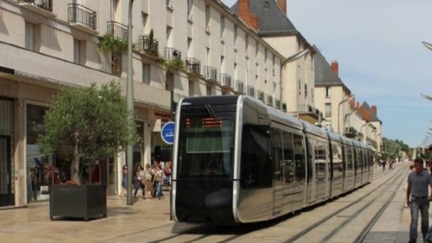 Trams run without overhead wires in Tours, France.
