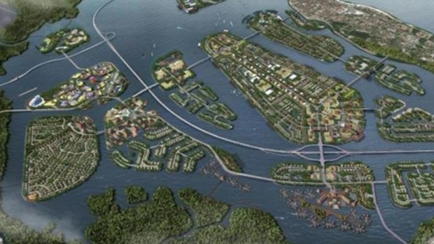 A model made by property company TWBI of what the Benoa Bay reclamation might look like.