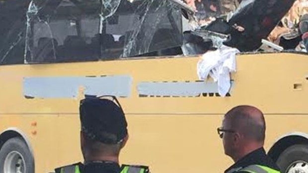 The Gold Bus Ballarat logo was taped over at the scene.