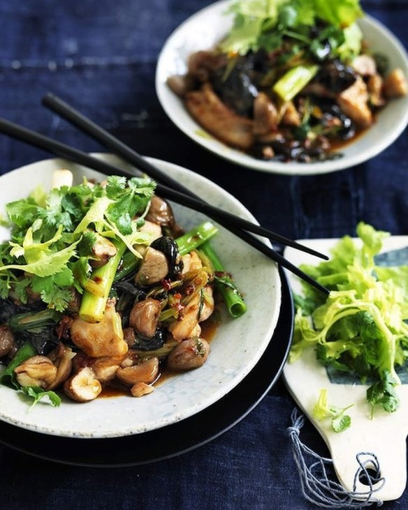 Chilli chicken with chestnuts, black funghi and celery <a href="http://www.goodfood.com.au/good-food/cook/recipe/chilli-chicken-with-chestnuts-black-funghi-and-celery-20150504-3vbik.html"><b>(recipe here)</b></a>.