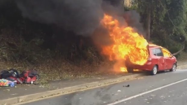 The hatchback caught fire just after 1pm.